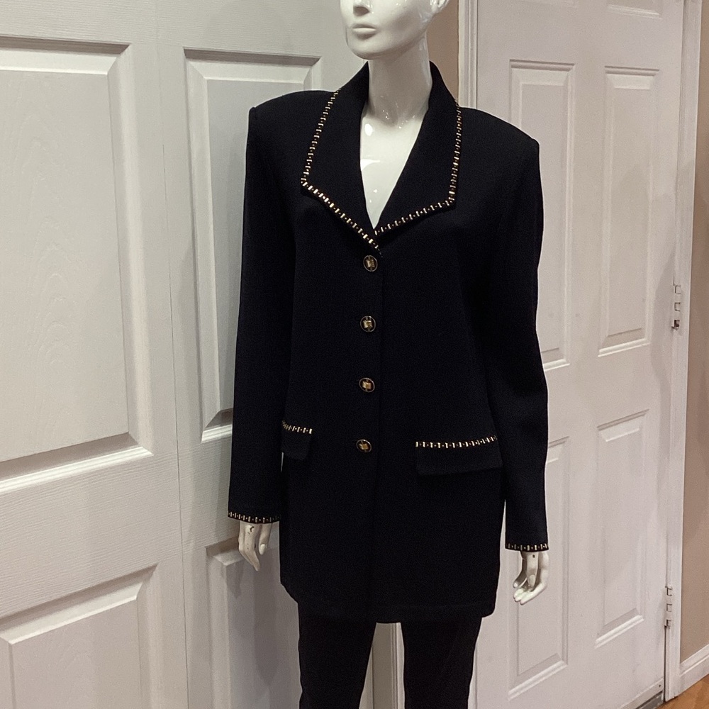 St. John Santana Knit Black Women's Jacket with Gold Paillettes & Logo Buttons